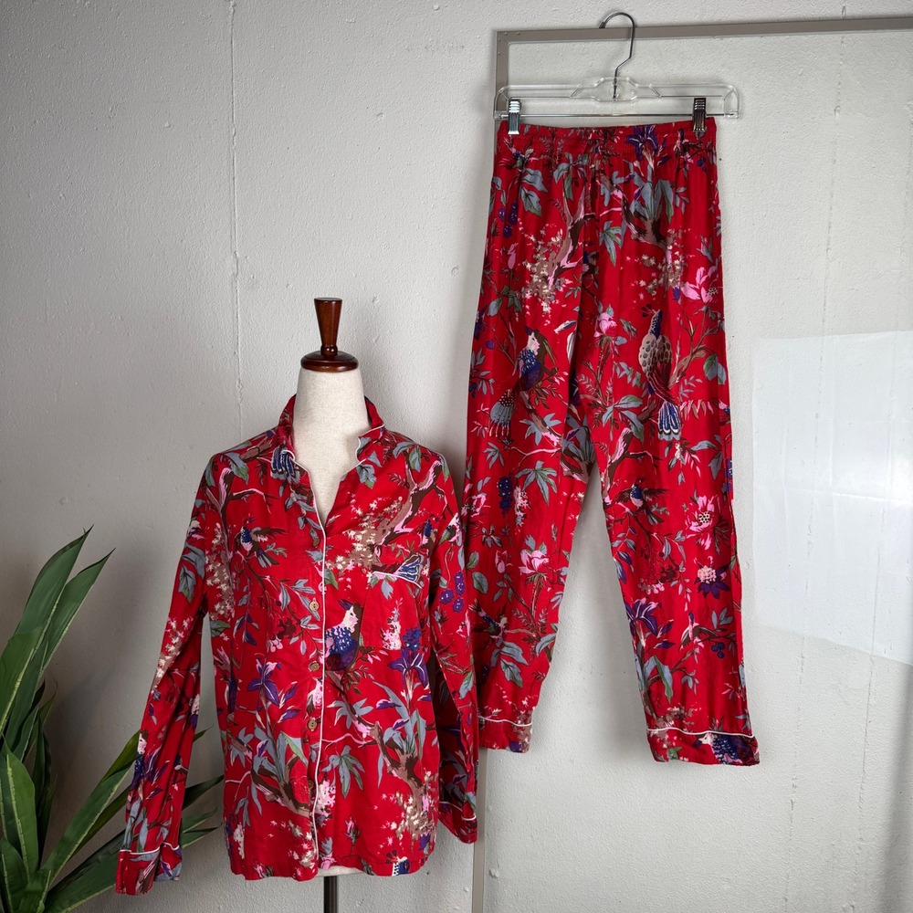 Whimsical Botanical Bird Print Pajama Set Womens Medium Vibrant Red Loungewear